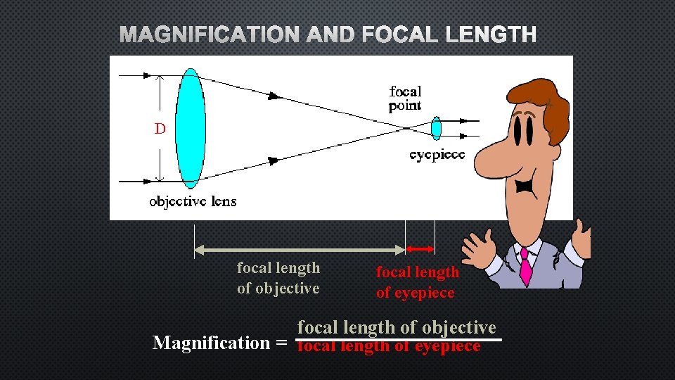 MAGNIFICATION AND FOCAL LENGTH focal length of objective focal length of eyepiece focal length