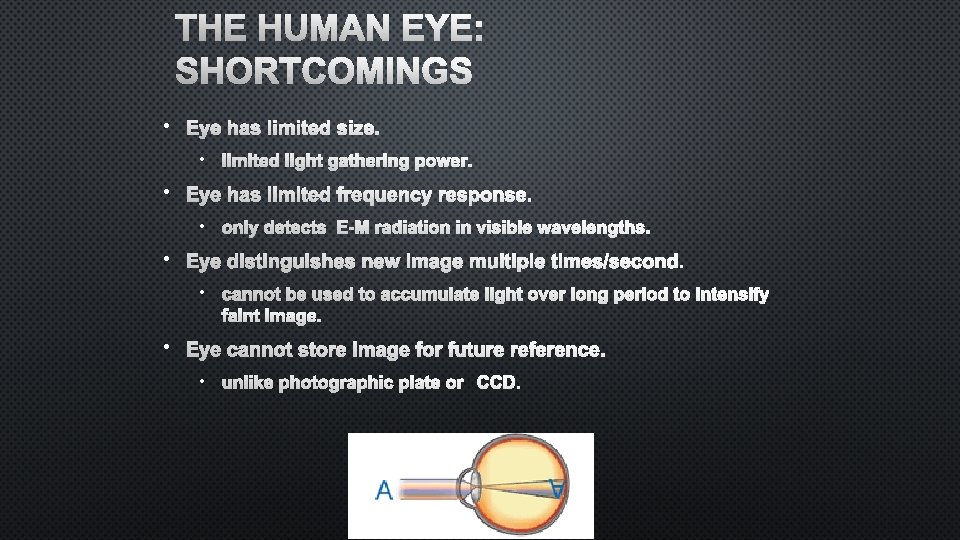 THE HUMAN EYE: SHORTCOMINGS • EYE HAS LIMITED SIZE. • LIMITED LIGHT GATHERING POWER.