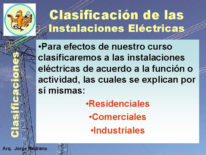 Clasificación de las Clasificaciones Instalaciones Eléctricas • Para efectos de nuestro curso clasificaremos a Clasificación de las Clasificaciones Instalaciones Eléctricas • Para efectos de nuestro curso clasificaremos a