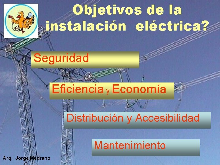 Objetivos de la instalación eléctrica? Seguridad Eficiencia y Economía Distribución y Accesibilidad Mantenimiento Arq. Objetivos de la instalación eléctrica? Seguridad Eficiencia y Economía Distribución y Accesibilidad Mantenimiento Arq.
