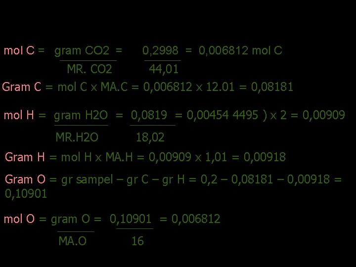 ANALISIS PENGABUAN mol C = gram CO 2 = 0, 2998 = 0, 006812