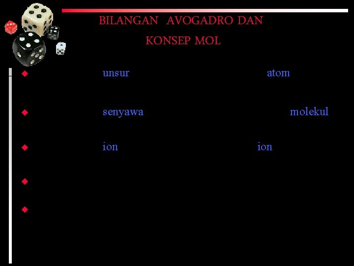 BILANGAN AVOGADRO DAN KONSEP MOL u 1 mol suatu unsur (misal : Na) =