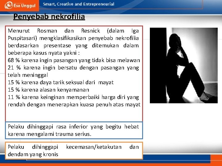 Penyebab nekrofilia Menurut Rosman dan Resnick (dalam Iga Puspitasari) mengklasifikasikan penyebab nekrofilia berdasarkan presentase Penyebab nekrofilia Menurut Rosman dan Resnick (dalam Iga Puspitasari) mengklasifikasikan penyebab nekrofilia berdasarkan presentase