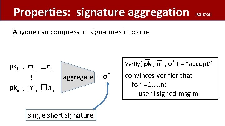 Properties: signature aggregation [BGLS’ 03] Anyone can compress n signatures into one Verify( pk