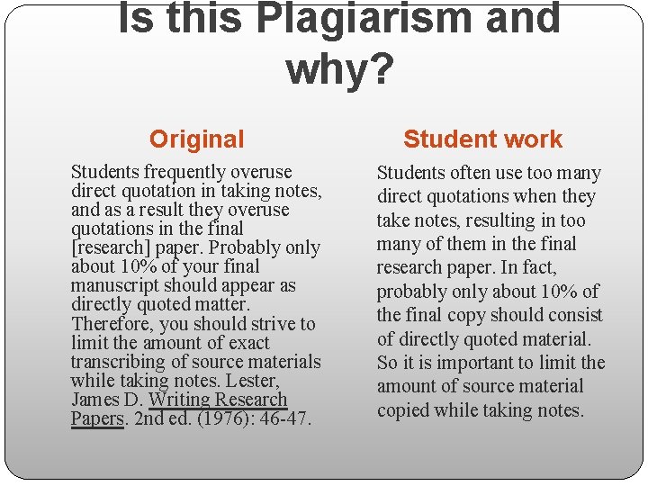 Is this Plagiarism and why? Original Students frequently overuse direct quotation in taking notes,