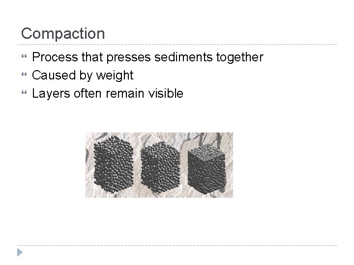 Compaction Process that presses sediments together Caused by weight Layers often remain visible 