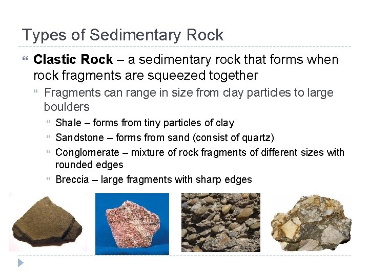 Types of Sedimentary Rock Clastic Rock – a sedimentary rock that forms when rock