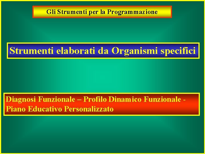 Gli Strumenti per la Programmazione Strumenti elaborati da Organismi specifici Diagnosi Funzionale – Profilo