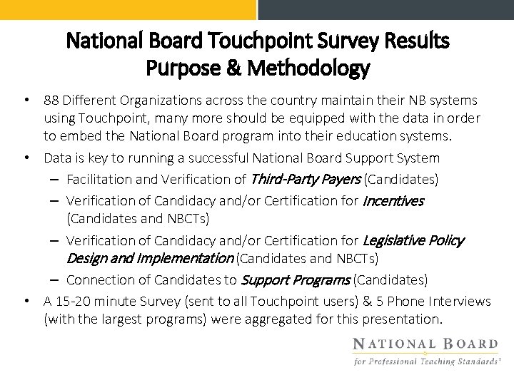 National Board Touchpoint Survey Results Purpose & Methodology • 88 Different Organizations across the