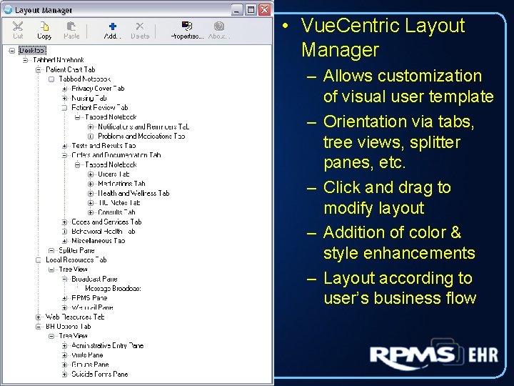  • Vue. Centric Layout Manager – Allows customization of visual user template –