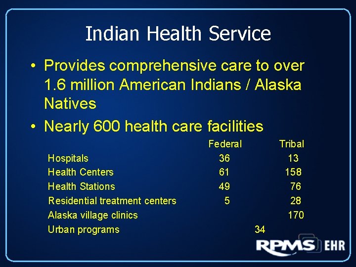 Indian Health Service • Provides comprehensive care to over 1. 6 million American Indians