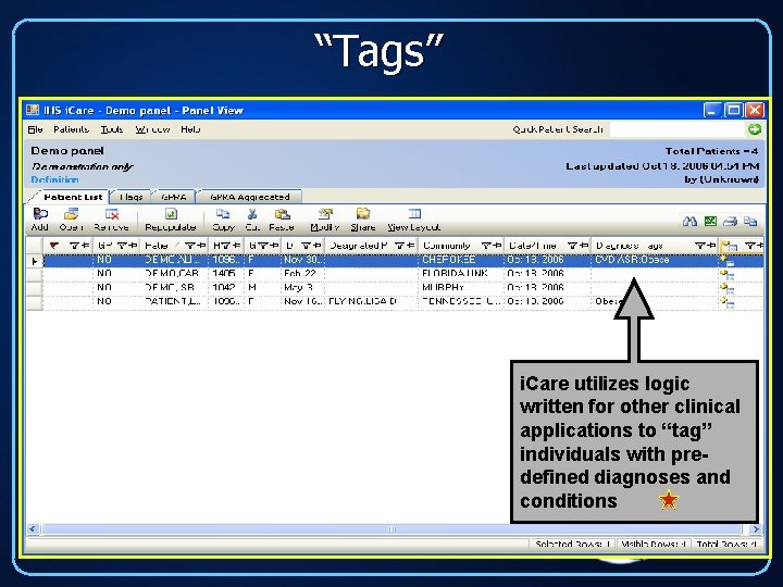 “Tags” i. Care utilizes logic written for other clinical applications to “tag” individuals with