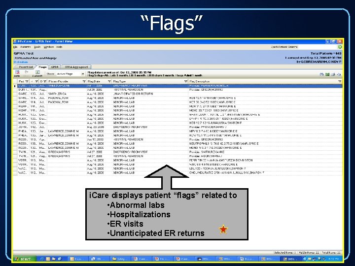 “Flags” i. Care displays patient “flags” related to • Abnormal labs • Hospitalizations •