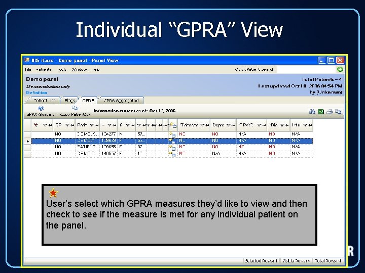 Individual “GPRA” View User’s select which GPRA measures they’d like to view and then