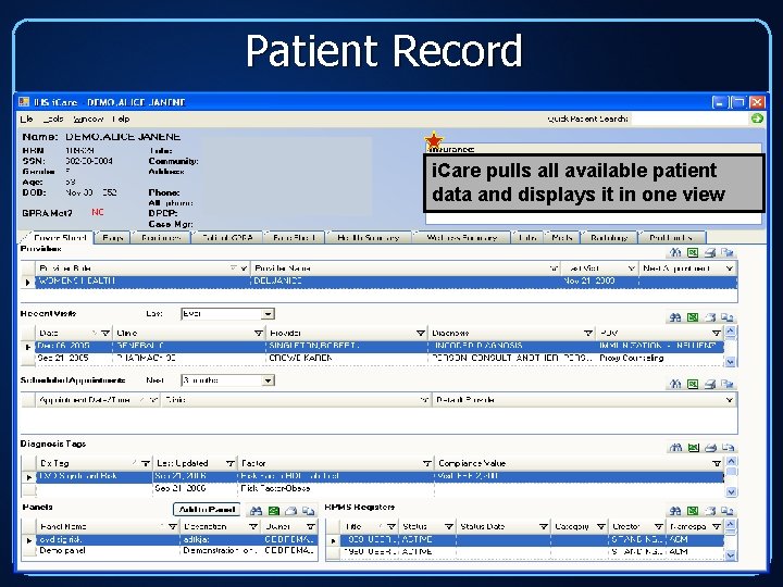 Patient Record i. Care pulls all available patient data and displays it in one