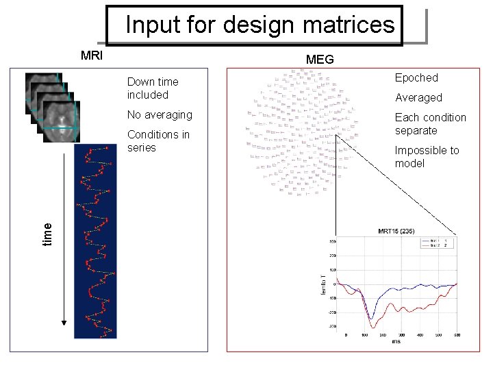 Input for design matrices MRI MEG Down time included Epoched No averaging Each condition