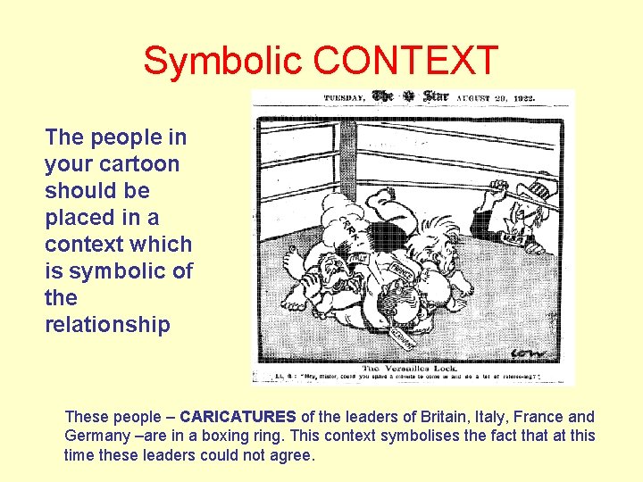 Symbolic CONTEXT The people in your cartoon should be placed in a context which