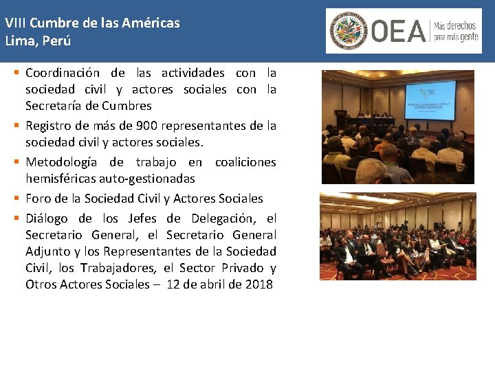 VIII Cumbre de las Américas Lima, Perú § Coordinación de las actividades con la