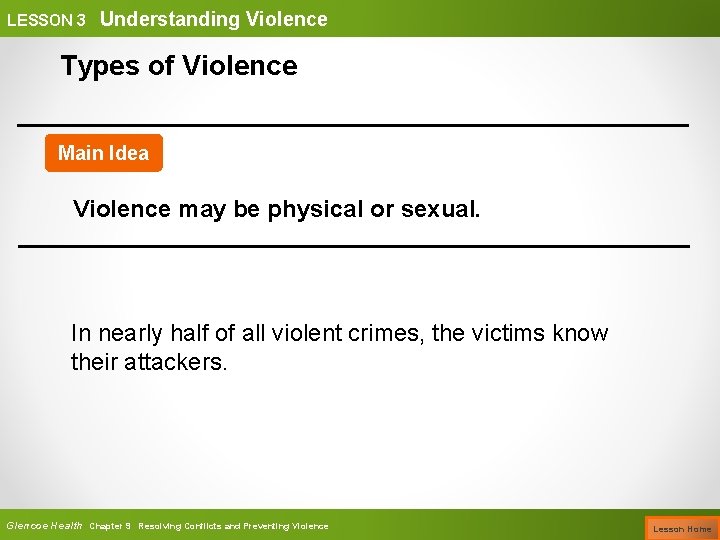 LESSON 3 Understanding Violence Types of Violence Main Idea Violence may be physical or