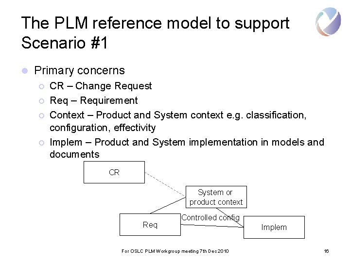 The PLM reference model to support Scenario #1 l Primary concerns ¡ ¡ CR