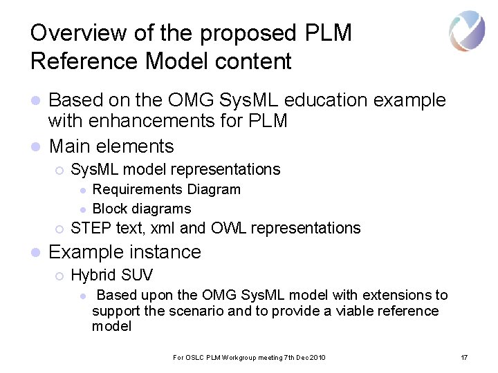 Overview of the proposed PLM Reference Model content Based on the OMG Sys. ML