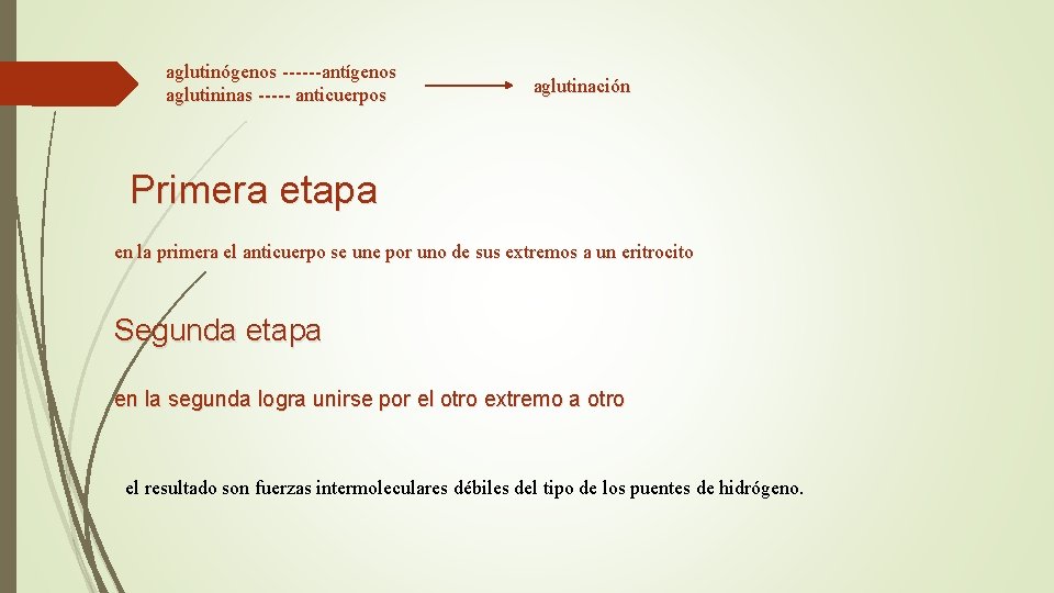 aglutinógenos ------antígenos aglutininas ----- anticuerpos aglutinación Primera etapa en la primera el anticuerpo se