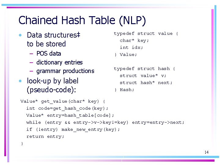 Chained Hash Table (NLP) • Data structures‡ to be stored – POS data –