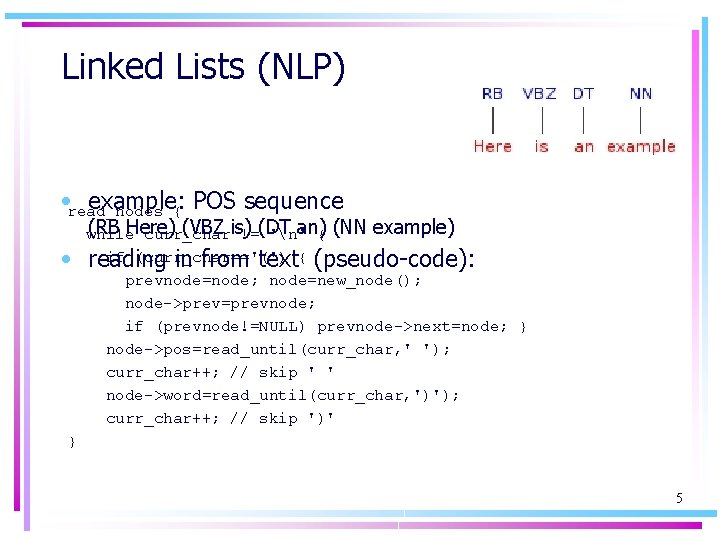 Linked Lists (NLP) • read_nodes example: { POS sequence • (RB Here) (VBZ is)