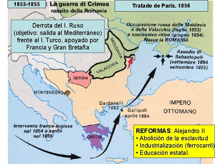1853 -1855 Tratado de París. 1856 Derrota del I. Ruso (objetivo: salida al Mediterráneo)