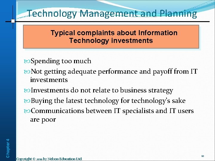 Technology Management and Planning Typical complaints about Information Technology investments Chapter 4 Spending too