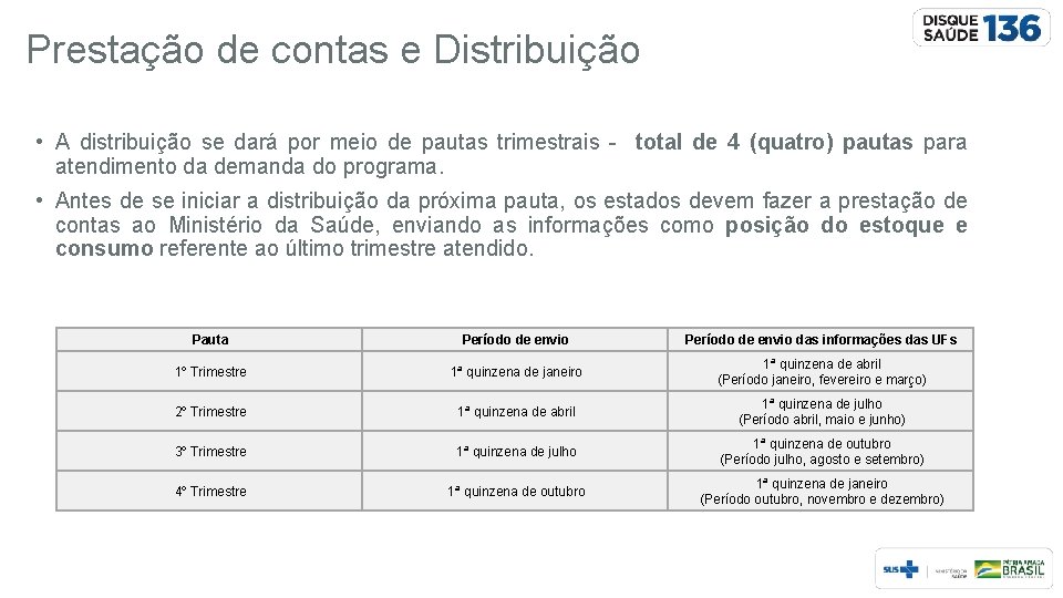 Prestação de contas e Distribuição • A distribuição se dará por meio de pautas