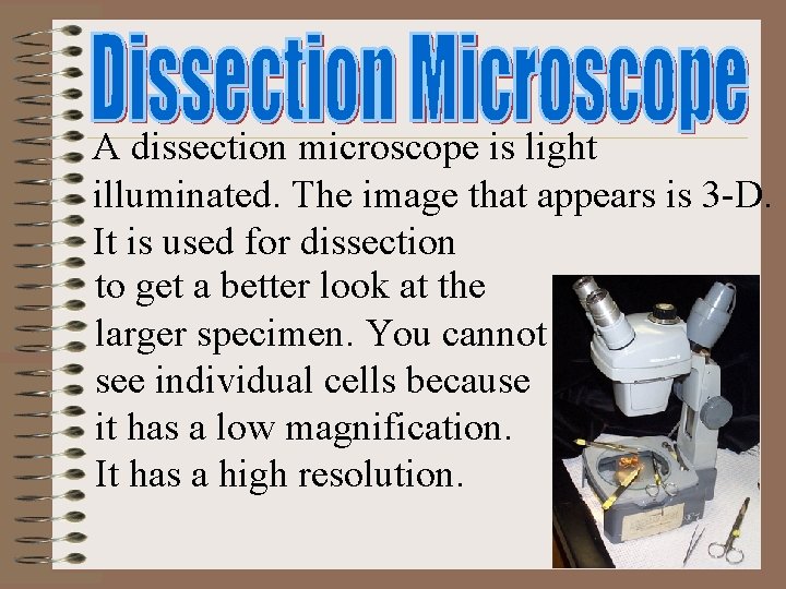A dissection microscope is light illuminated. The image that appears is 3 -D. It A dissection microscope is light illuminated. The image that appears is 3 -D. It