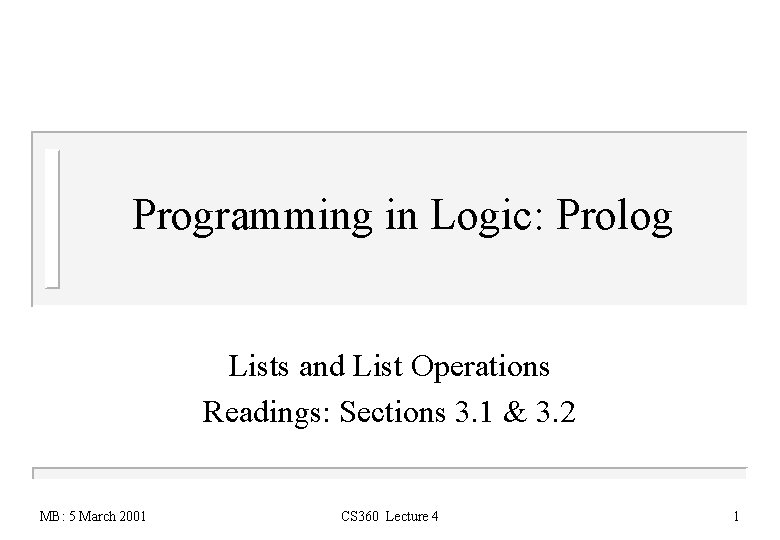 Programming in Logic: Prolog Lists and List Operations Readings: Sections 3. 1 & 3.