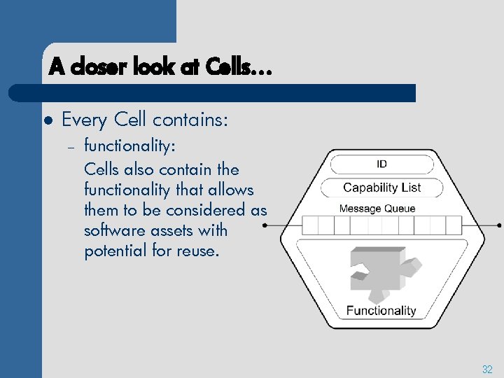 A closer look at Cells… l Every Cell contains: – functionality: Cells also contain