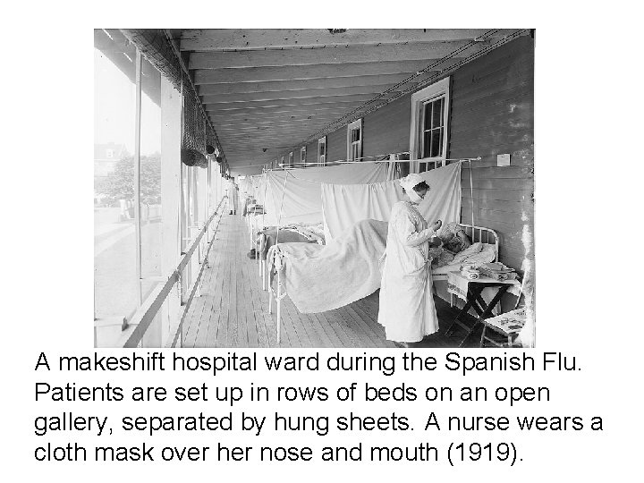 A makeshift hospital ward during the Spanish Flu. Patients are set up in rows