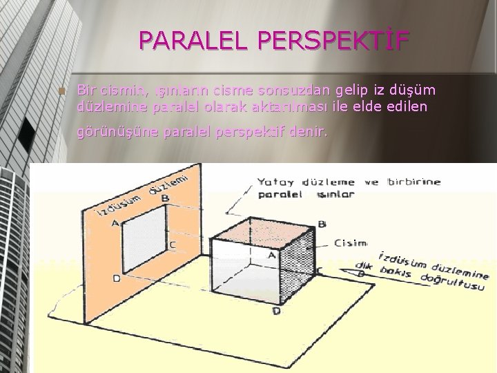 PARALEL PERSPEKTİF n Bir cismin, ışınların cisme sonsuzdan gelip iz düşüm düzlemine paralel olarak