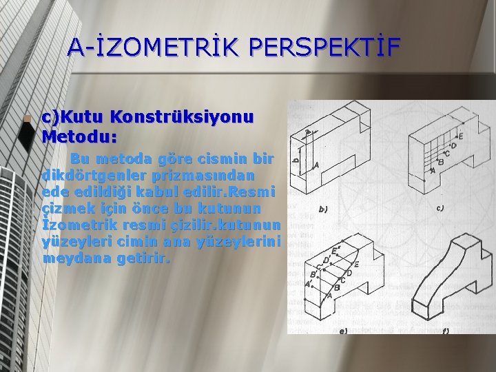 A-İZOMETRİK PERSPEKTİF n c)Kutu Konstrüksiyonu Metodu: Bu metoda göre cismin bir dikdörtgenler prizmasından ede