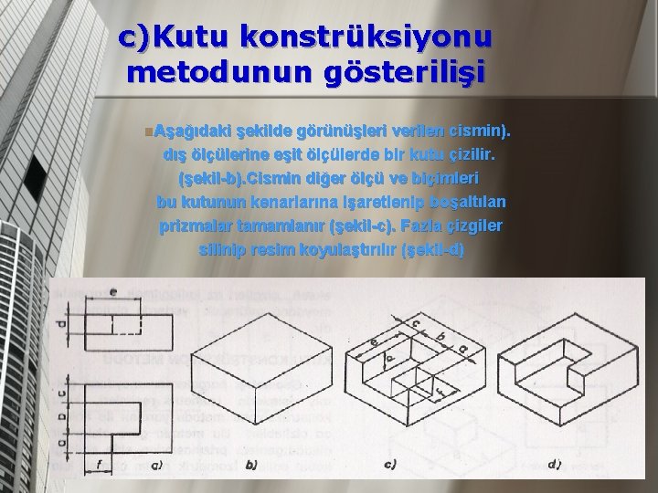 c)Kutu konstrüksiyonu metodunun gösterilişi n. Aşağıdaki şekilde görünüşleri verilen cismin). dış ölçülerine eşit ölçülerde