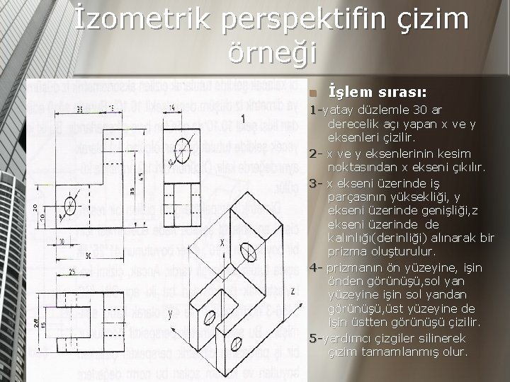 İzometrik perspektifin çizim örneği n İşlem sırası: 1 -yatay düzlemle 30 ar derecelik açı