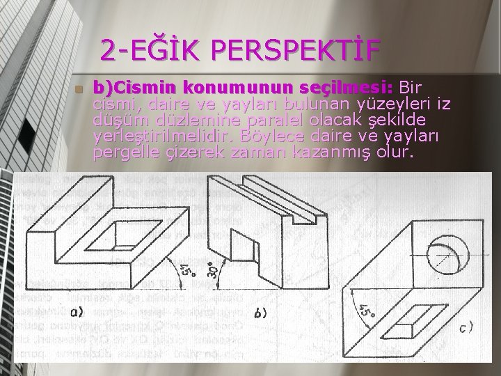 2 -EĞİK PERSPEKTİF n b)Cismin konumunun seçilmesi: Bir cismi, daire ve yayları bulunan yüzeyleri