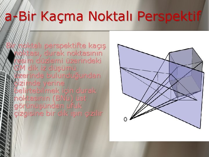 a-Bir Kaçma Noktalı Perspektif Bir noktalı perspektifte kaçış noktası, durak noktasının resim düzlemi üzerindeki