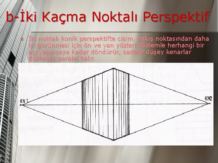 b-İki Kaçma Noktalı Perspektif n İki noktalı konik perspektifte cisim, bakış noktasından daha iyi