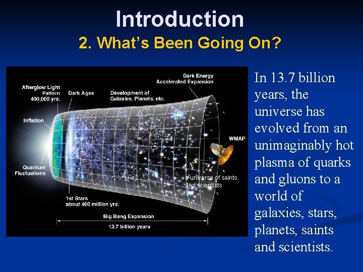 Introduction 2. What’s Been Going On? a universe of saints and scientists In 13.