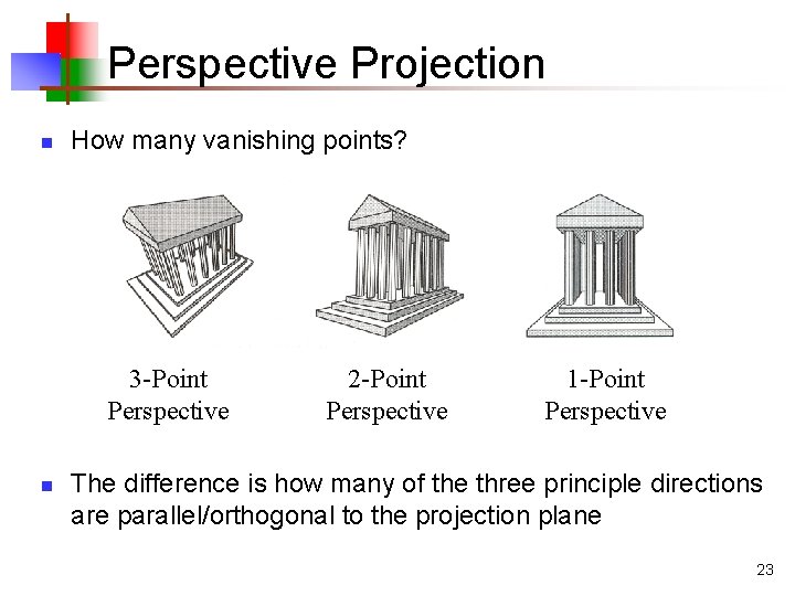 Perspective Projection n How many vanishing points? 3 -Point Perspective n 2 -Point Perspective Perspective Projection n How many vanishing points? 3 -Point Perspective n 2 -Point Perspective