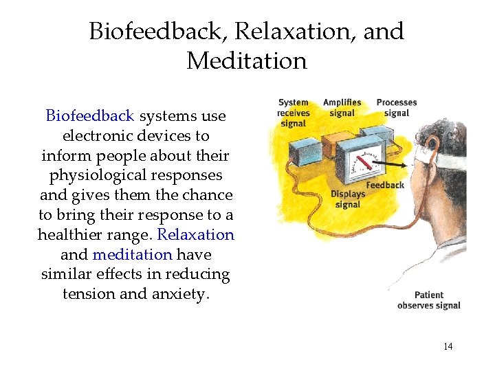 Biofeedback, Relaxation, and Meditation Biofeedback systems use electronic devices to inform people about their