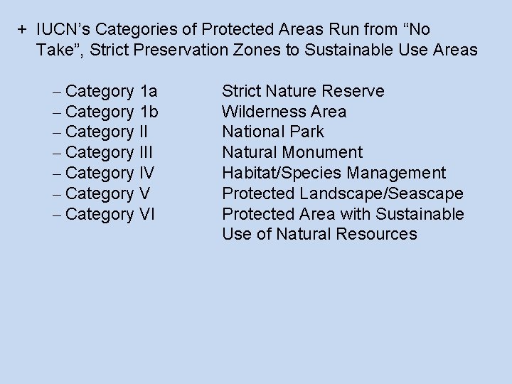 + IUCN’s Categories of Protected Areas Run from “No Take”, Strict Preservation Zones to