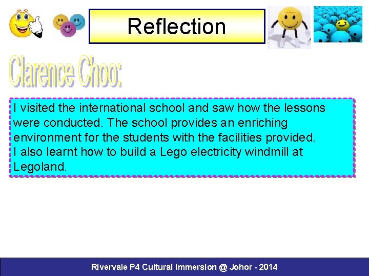 Reflection I visited the international school and saw how the lessons were conducted. The