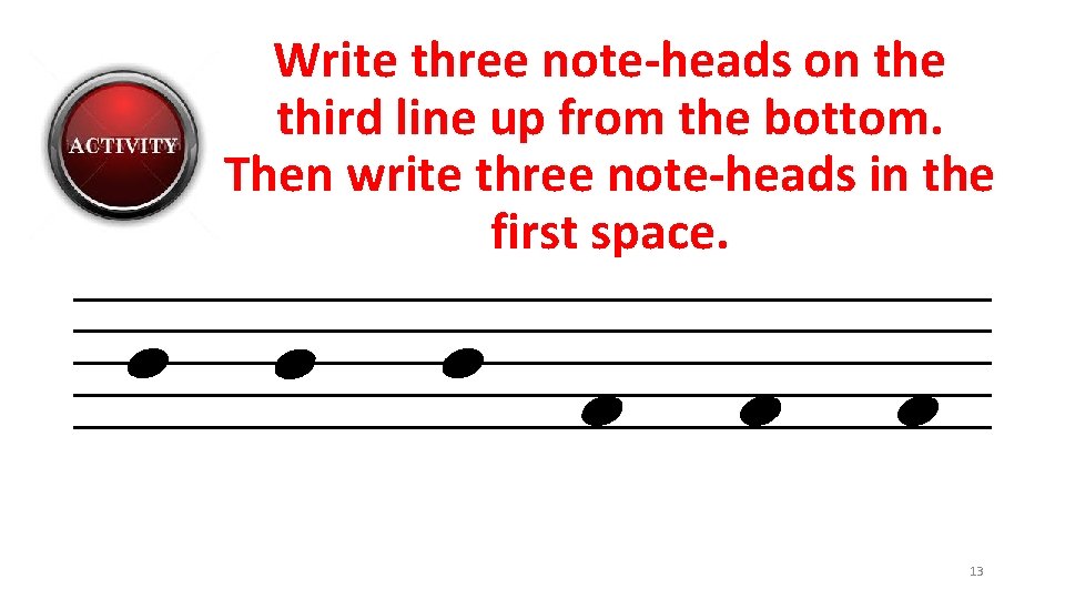 Write three note-heads on the third line up from the bottom. Then write three