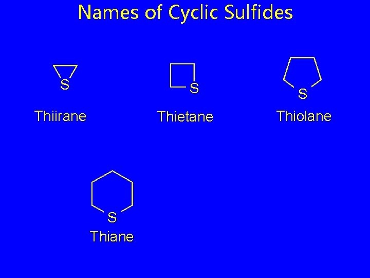 Names of Cyclic Sulfides S S Thiirane Thietane S Thiolane 