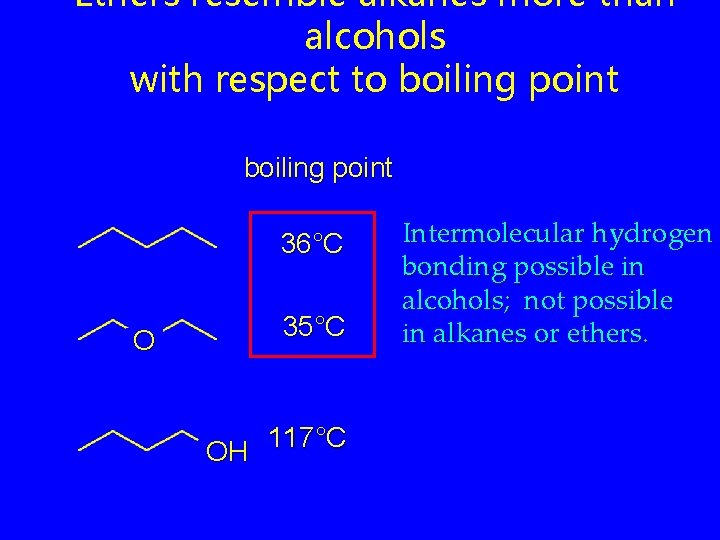 Ethers resemble alkanes more than alcohols with respect to boiling point 36°C O 35°C